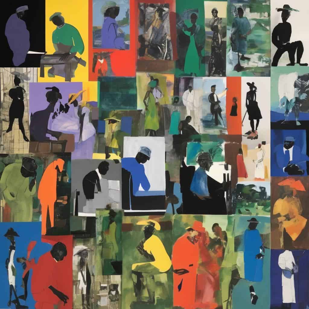 Λεπτομέρεια από αφηρημένο έργο τέχνης με πολυάριθμα silhouette ανθρώπων σε διάφορες στάσεις και χρώματα, αναδεικνύοντας συμβολισμό και αισθητική.