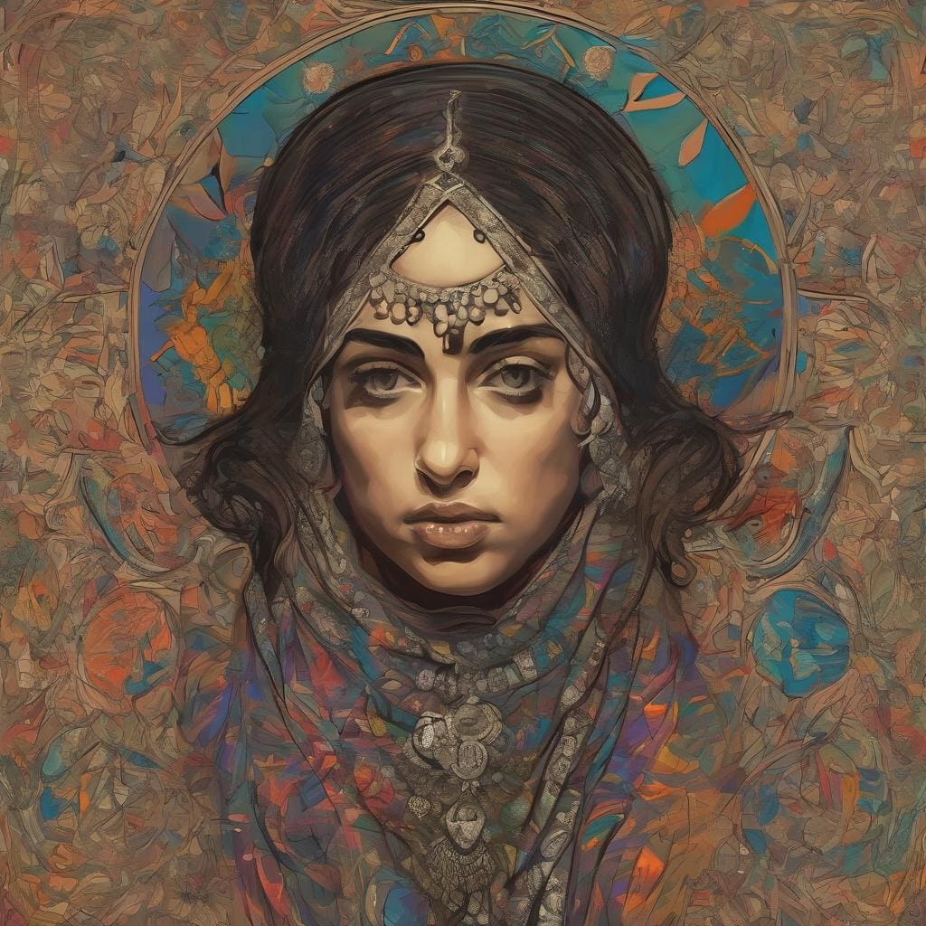Αυθεντικό πορτρέτο γυναίκας με παραδοσιακά στοιχεία, μάρτυρας συμβολισμού και αισθητικής, σε ζωγραφική τεχνική που αναδεικνύει την ομορφιά και το πολιτιστικό βάθος.