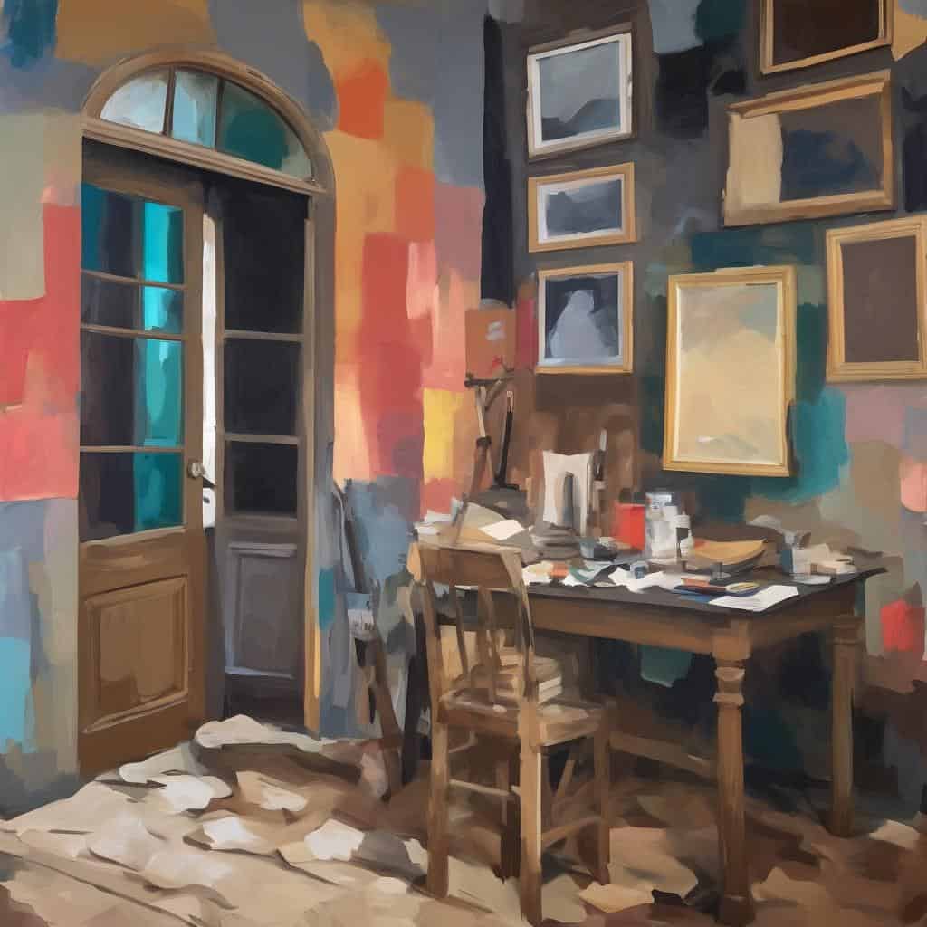 Μοντέρνο εσωτερικό γραφείου με καλλιτεχνική αίσθηση και συλλογή κορνιζαρισμένων έργων τέχνης στους τοίχους, δημιουργώντας εστία έμπνευσης και αισθητικής.