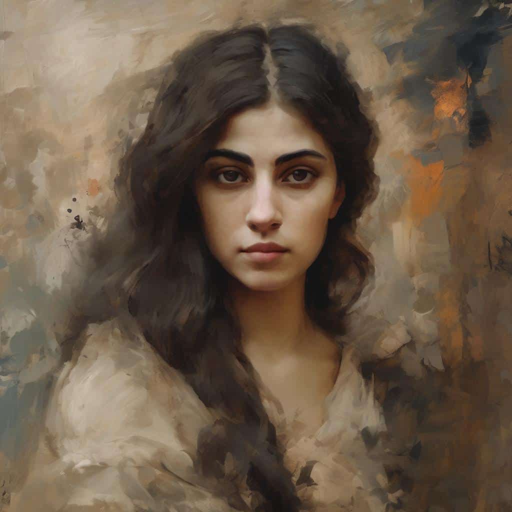 Ομορφια νεαρή γυναίκα πορτρέτο με καστανά μαλλιά και πάντα εκφραστικά, σε καλλιτεχνικό στυλ με έμφαση στη συμβολισμό και την αισθητική.