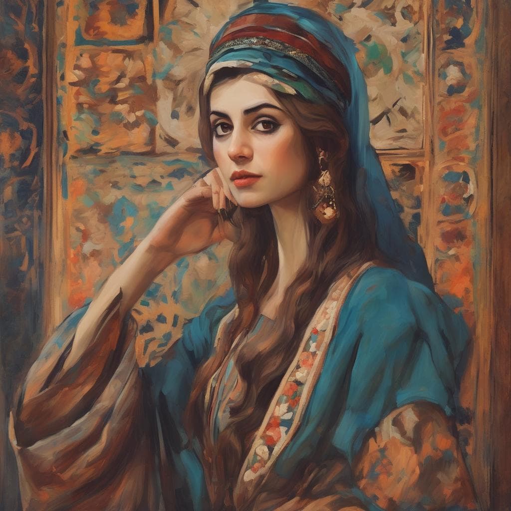 Χαρακτηριστικό πορτραίτο γυναίκας με παραδοσιακή ενδυμασία και κοσμήματα σε φόντο με πολιτιστικά στοιχεία, αναδεικνύοντας το συμβολισμό και την αισθητική της ελληνικής παράδοσης.