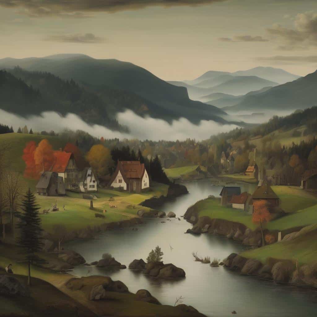 ορεατική κοιλάδα με ποτάμι και χωριά, αρμονική φύση, ορεινές τοπιογραφίες, υποβλητικά τοπία, σύνθετη αισθητική, συμβολισμός φυσικής ομορφιάς, παραδοσιακές κατοικίες και ηρεμία, γαλήνια ατμόσφαιρα, ανοιξιάτικη φύση σε βουνά, οπτική γοητεία, τέλεια σύνθεση τοπίων, εγκαταλειμμένες περιοχές, αρχιτεκτονική και τοπία.