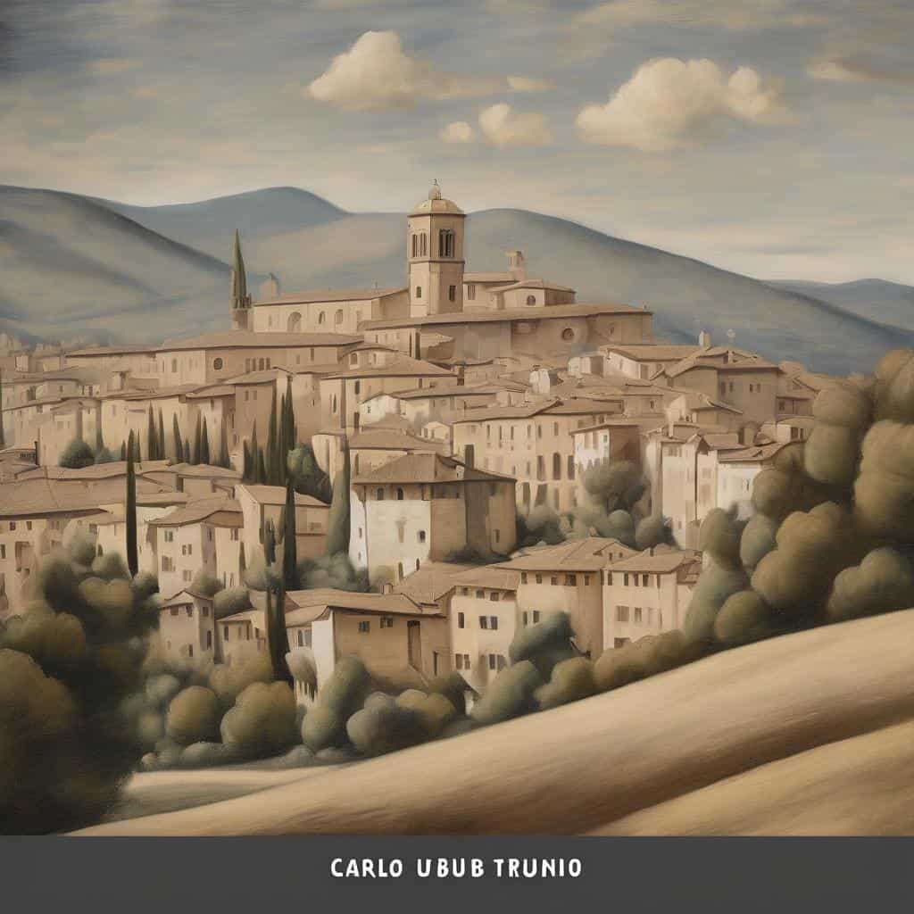 Ουρανογραφία και αισθητική σε τοπίο με μεσαιωνική πόλη και βουνά, αποπνέοντας συμβολισμό και οπτική αρμονία.