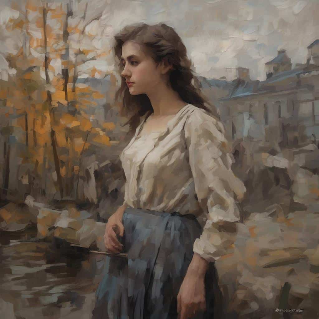 αμεση άποψη του γυναικείου πορτραίτου, ζωγραφισμένο σε στυλ που αναδεικνύει το συμβολισμό και την αισθητική τέχνης, με φόντο την πόλη σε ρομαντικό ατμοσφαιρικό περιβάλλον.